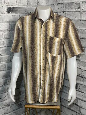 Vintage Retro Button Down Shirt Mens L Brown White Stripe Geometric Short Sleeve
